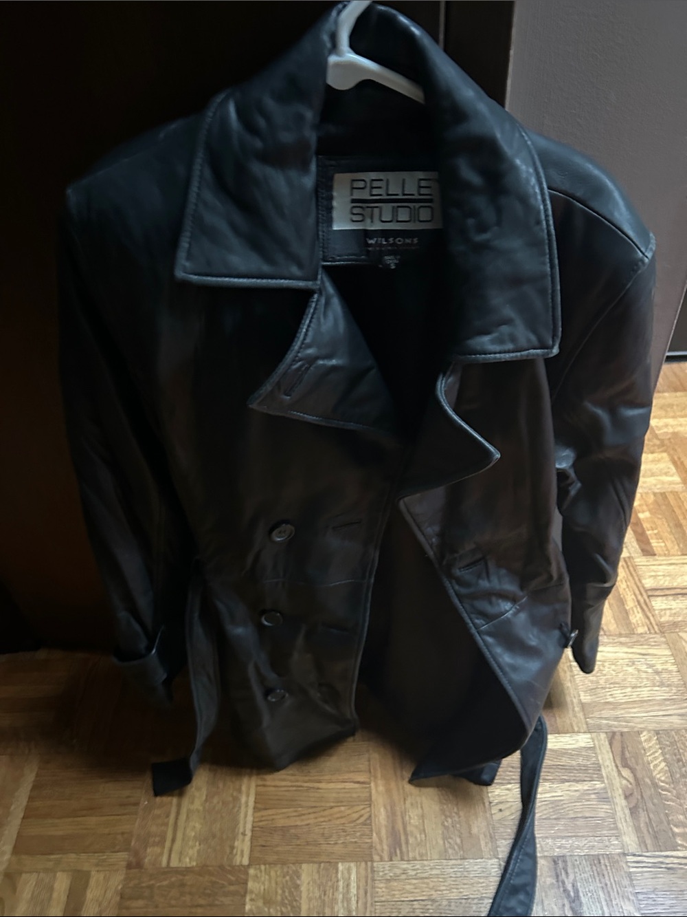 Wilsons Leather Black Leather Pea Coat - Double-Breasted Womens Jacket